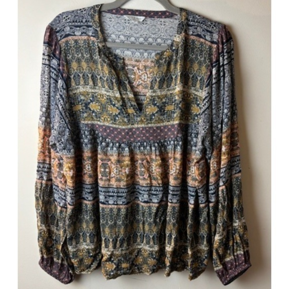 Womens‎ M Lucky Brand Blouse Top Multicolor Boho Patchwork Print Long Sleeve